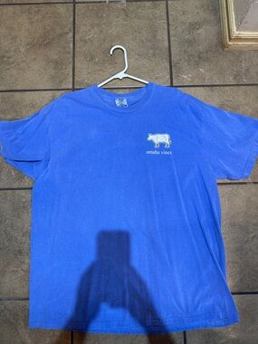 Comfort Colors Blue Crewneck Tee with Small Multicolor Cow Logo